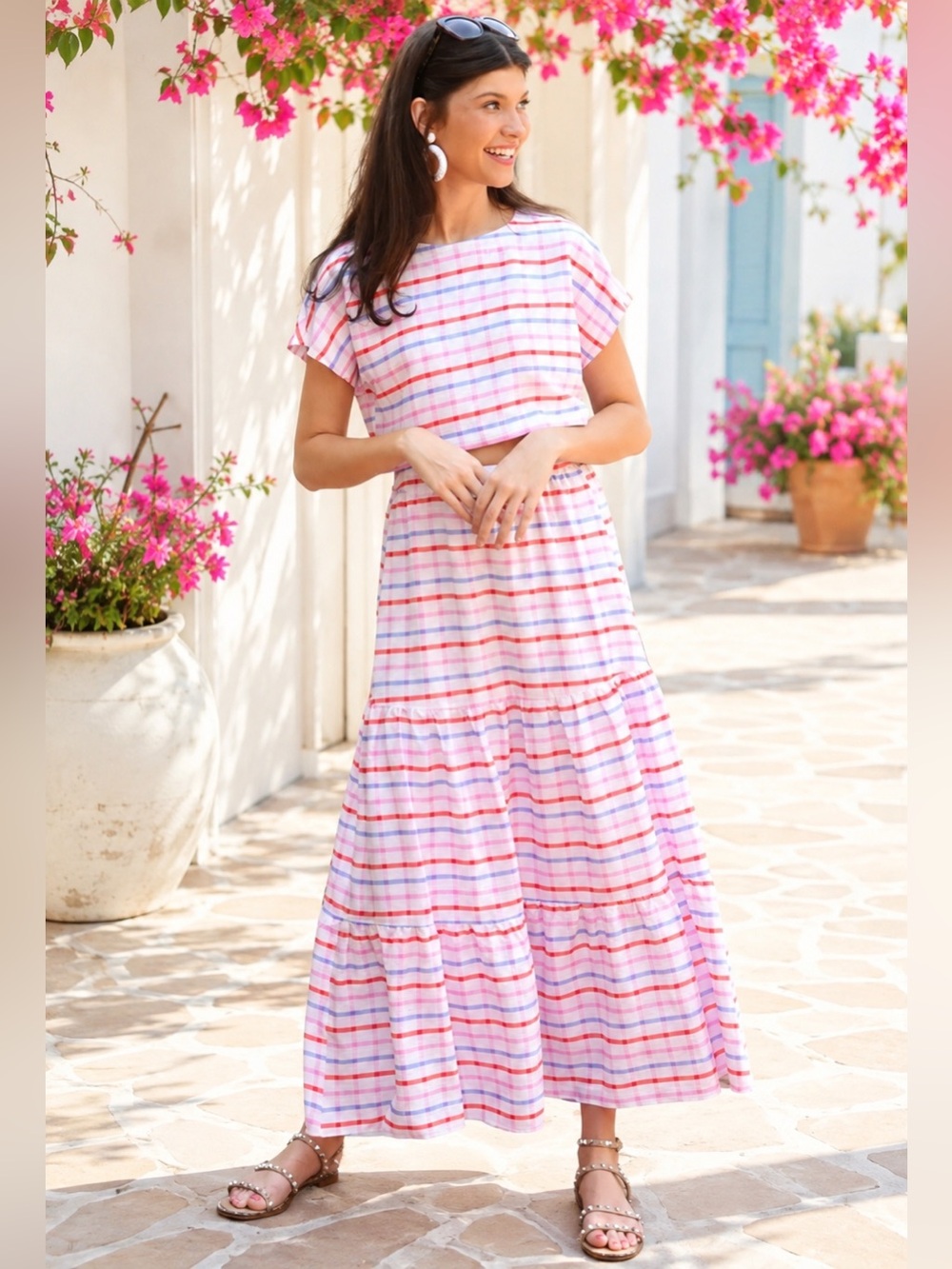 Buddy Love Women’s Small Striped Two Piece Maxi Skirt Set Red Pink Purple White